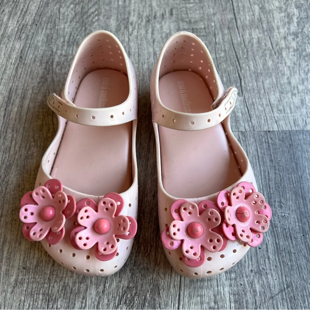 Mini Melissa Girl Jelly Pink Mary Jane Shoes Size 10 Flowers Floral